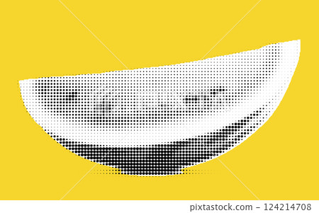 A stylized illustration of a watermelon slice in a halftone dot pattern, set against a bright yellow background. The watermelon features black seeds and a white rind. A stylized illustration of a watermelon slice in a halftone dot pattern, set against a bright yellow background. The watermelon features black seeds and a white rind. 124214708