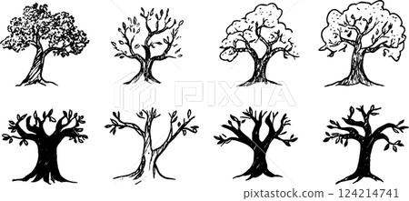 A collection of eight hand-drawn trees in various styles, showcasing different leaf patterns and trunk designs. The trees vary from full foliage to bare branches, illustrating seasonal changes. A collection of eight hand-drawn trees in various styles, showcasing different leaf patterns and trunk designs. The trees vary from full foliage to bare branches, illustrating seasonal changes. 124214741