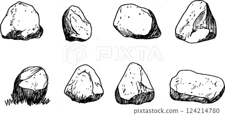 A collection of hand-drawn rocks in various shapes and sizes, showcasing their textures and contours. The rocks are illustrated in black and white, emphasizing their natural forms. 124214780