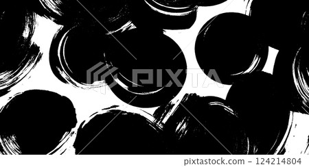 An abstract black and white design featuring circular brush strokes overlapping each other, creating a dynamic and artistic composition. 124214804