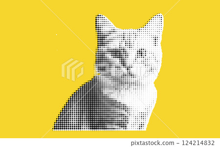 A stylized illustration of a cat in a halftone dot pattern, featuring a yellow background. The cat is depicted in black and white, creating a striking contrast with the vibrant background. A stylized illustration of a cat in a halftone dot pattern, featuring a yellow background. The cat is depicted in black and white, creating a striking contrast with the vibrant background. 124214832