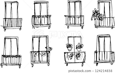 A series of nine simple sketches depicting various balcony designs. Each sketch features different arrangements of windows, railings, and potted plants, showcasing a variety of styles and decorations. 124214838