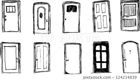 A collection of ten hand-drawn doors in various styles and designs, showcasing different shapes, sizes, and textures. The doors are outlined in black with a sketchy appearance, set against a white 124214839