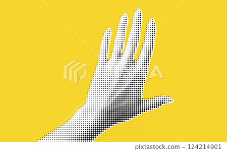 A stylized illustration of a human hand raised against a bright yellow background, created using a dotted halftone effect. 124214901