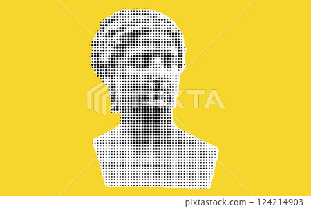 A stylized bust of a classical figure, rendered in a dot pattern against a bright yellow background. The artwork combines traditional sculpture with modern graphic design elements. A stylized bust of a classical figure, rendered in a dot pattern against a bright yellow background. The artwork combines traditional sculpture with modern graphic design elements. 124214903