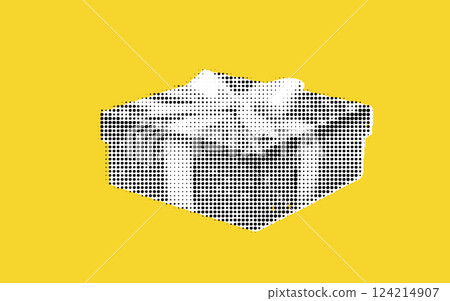 A stylized gift box with a ribbon, presented in a dotted halftone effect against a bright yellow background. 124214907