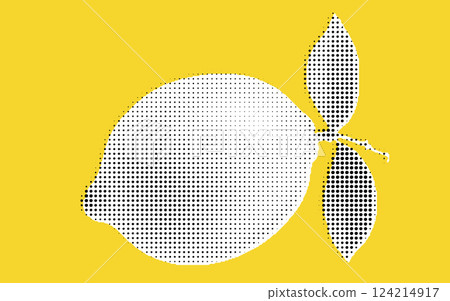 A stylized illustration of a lemon with leaves, created using a dotted pattern on a bright yellow background. 124214917