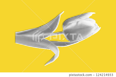 A stylized illustration of a hand holding a tulip flower, depicted in a dotted pattern against a bright yellow background. 124214933