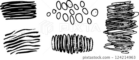 A collection of abstract black ink strokes and shapes, featuring various textures and patterns. The designs include thick lines, dots, and scribbles, suitable for artistic backgrounds or graphic 124214963