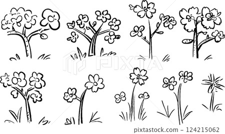 A collection of hand-drawn flower and tree illustrations, featuring various styles of blossoms and foliage. The designs are simple and whimsical, suitable for children's art or decorative purposes. 124215062