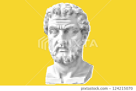 A stylized representation of a classical bust against a bright yellow background, featuring a textured, dotted pattern. 124215070