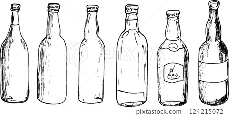 A collection of seven hand-drawn glass bottles in various shapes and sizes, showcasing different neck styles and labels, ideal for vintage or craft beverage themes. A collection of seven hand-drawn glass bottles in various shapes and sizes, showcasing different neck styles and labels, ideal for vintage or craft beverage themes. 124215072