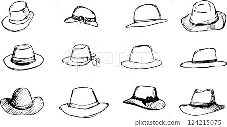 A collection of twelve hand-drawn hats in various styles, including wide-brimmed, cowboy, and sun hats, displayed in a grid format. A collection of twelve hand-drawn hats in various styles, including wide-brimmed, cowboy, and sun hats, displayed in a grid format. 124215075