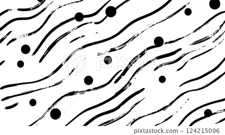 A seamless abstract pattern featuring wavy black lines and scattered black circles on a white background, creating a modern and artistic design. 124215096