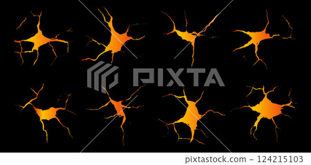 A mesmerizing array of lava cracks sprawls across the rugged terrain, illuminated by a soft orange glow, symbolizing the power and beauty of volcanic activity at dusk. 124215103