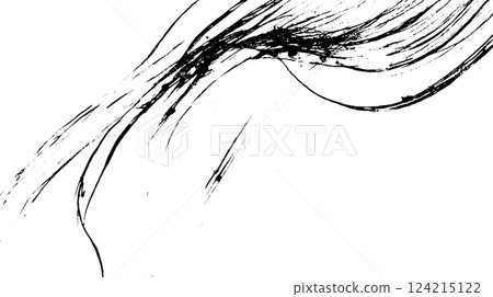 An abstract black ink drawing featuring flowing lines and curves on a white background, creating a sense of movement and fluidity. 124215122