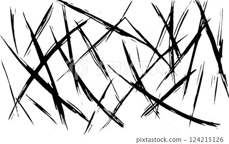 An abstract design featuring chaotic, jagged black lines crossing over a white background, creating a sense of movement and tension. 124215126