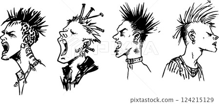 A series of four punk-inspired character illustrations, each with unique hairstyles and expressions. The characters have distinct features like piercings and spiked hair, showcasing a rebellious style A series of four punk-inspired character illustrations, each with unique hairstyles and expressions. The characters have distinct features like piercings and spiked hair, showcasing a rebellious style 124215129