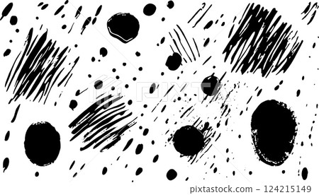 A collection of abstract black and white patterns featuring various shapes, lines, and dots. The design includes splashes, strokes, and circular forms, creating a dynamic visual effect. 124215149