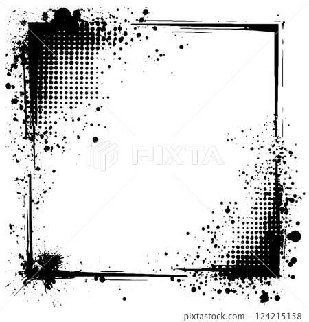 Vector ink frame border and halftone dot pattern on a retro background. Comic overlay with grunge splatter. Perfect for pop art posters, vintage flyers, or abstract designs Vector ink frame border and halftone dot pattern on a retro background. Comic overlay with grunge splatter. Perfect for pop art posters, vintage flyers, or abstract designs 124215158