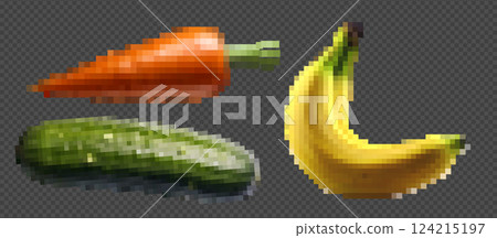 Pixel art set featuring banana, cucumber, and carrot icons. Trendy, adult-themed food emoticons with censorship. Retro design elements like stickers and labels for health, produce, and supermarket Pixel art set featuring banana, cucumber, and carrot icons. Trendy, adult-themed food emoticons with censorship. Retro design elements like stickers and labels for health, produce, and supermarket 124215197