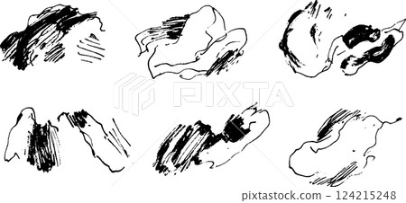 A collection of abstract black and white ink brush strokes, showcasing various shapes and textures. The strokes vary in thickness and style, creating a dynamic visual composition. 124215248