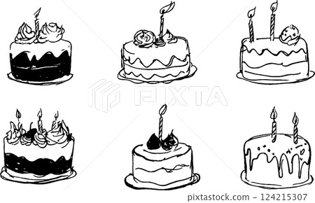 A collection of six hand-drawn cakes, each with unique designs and decorations. Some cakes have candles on top, while others feature frosting and toppings like cherries or chocolate. Ideal for 124215307