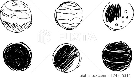 A collection of six hand-drawn planets, each with unique textures and patterns. The designs vary from striped to dotted and shaded, showcasing a creative interpretation of celestial bodies. 124215315