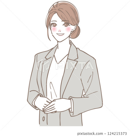 一位身著西裝的棕髮女子交叉雙臂微笑 124215373