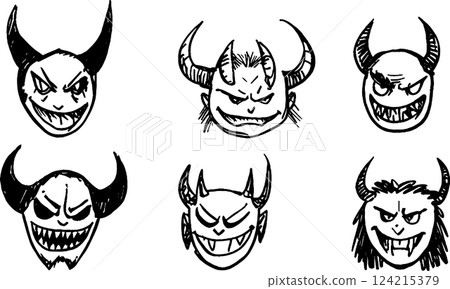 A collection of six cartoonish devil or demon faces, each with unique expressions and horn styles. The designs feature exaggerated features like sharp teeth and menacing grins, showcasing a playful 124215379