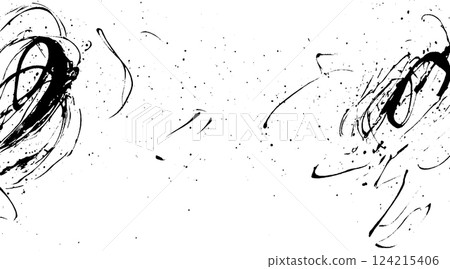Abstract black ink splashes and swirls on a white background, creating a dynamic and artistic composition. 124215406