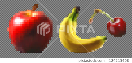 Pixel 8-bit banana, apple, and cherry icons. Trendy fruit game art with retro style. Vector design featuring taboo adult themes, trash, and stocking elements 124215408
