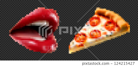8-bit pixel art of a pizza slice and lips in a trendy, retro style. Vector icon with red tones, vintage texture, and seductive design 124215427