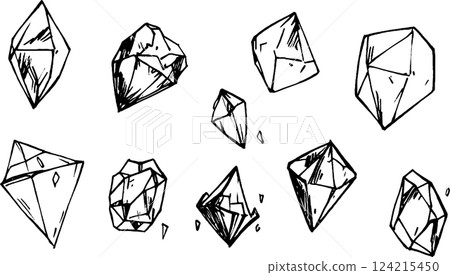 A collection of hand-drawn sketches of various geometric crystals and gemstones, showcasing different shapes and angles. A collection of hand-drawn sketches of various geometric crystals and gemstones, showcasing different shapes and angles. 124215450