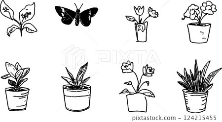 A collection of hand-drawn illustrations featuring various plants and a butterfly. The images include potted plants, flowers, and a butterfly, all in a simple, sketchy style. 124215455