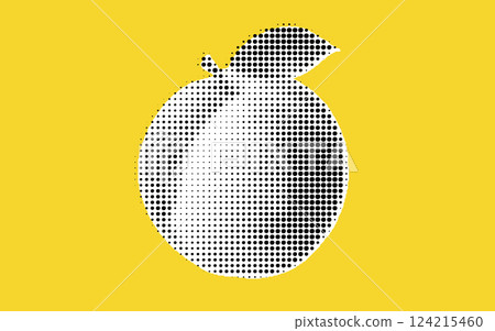 A stylized illustration of an orange with a leaf, created using a dotted halftone pattern on a bright yellow background. 124215460