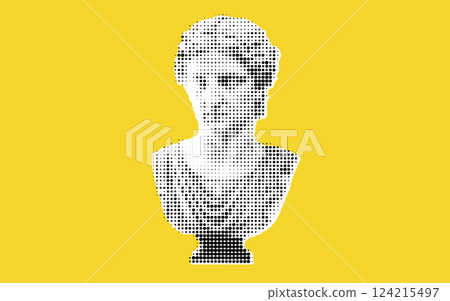 A stylized bust of a classical figure rendered in a dotted pattern against a bright yellow background. 124215497