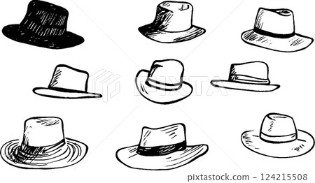 A collection of hand-drawn hats in various styles and shapes, including fedoras and wide-brimmed hats, displayed in a grid format. 124215508