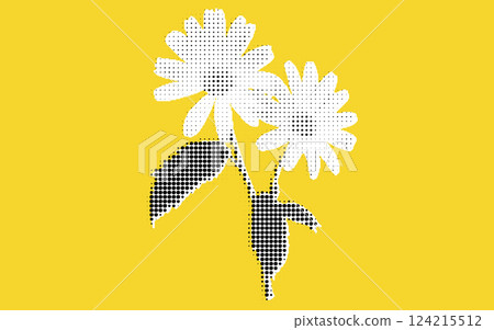 A stylized illustration of two white flowers with green leaves on a bright yellow background, featuring a dotted pattern. A stylized illustration of two white flowers with green leaves on a bright yellow background, featuring a dotted pattern. 124215512