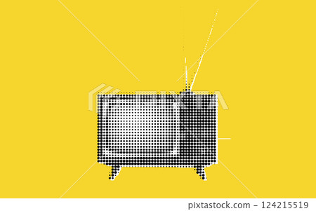 A retro-style television set illustrated with dots on a bright yellow background. The TV has antennas and a classic design, evoking nostalgia for vintage media. 124215519