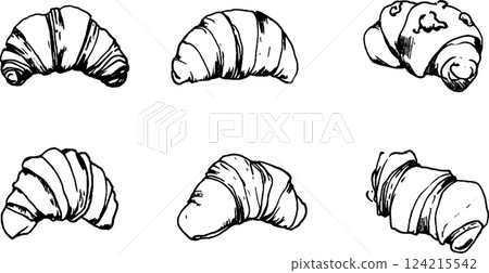 A collection of six hand-drawn croissants in various styles and orientations, showcasing their flaky layers and curved shapes. 124215542