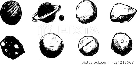 A collection of hand-drawn celestial bodies including planets, asteroids, and moons, showcasing various textures and shapes in a monochrome style. 124215568