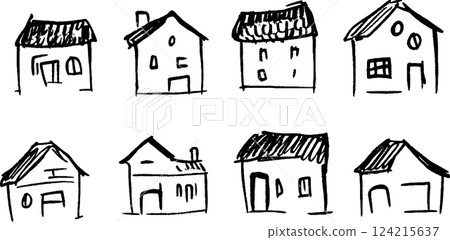 A collection of hand-drawn sketches of various houses, showcasing different styles and roof designs. The drawings are simple and whimsical, with varying shapes and sizes. A collection of hand-drawn sketches of various houses, showcasing different styles and roof designs. The drawings are simple and whimsical, with varying shapes and sizes. 124215637