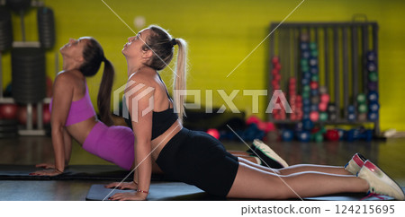 Two fitness women stretch together in the gym, supporting each other in their journey towards flexibility and wellness. 124215695