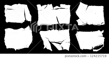 A collection of six ripped paper fragments is displayed against a deep black background, highlighting their jagged edges and varied sizes. Each piece adds character and intrigue. A collection of six ripped paper fragments is displayed against a deep black background, highlighting their jagged edges and varied sizes. Each piece adds character and intrigue. 124215719
