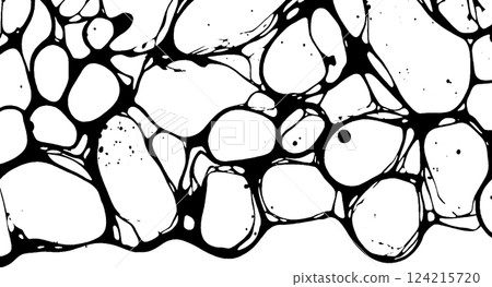 A black and white abstract pattern featuring irregular shapes resembling pebbles or stones, interconnected with thin lines, creating a fluid and organic design. A black and white abstract pattern featuring irregular shapes resembling pebbles or stones, interconnected with thin lines, creating a fluid and organic design. 124215720