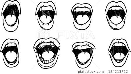 A collection of eight hand-drawn illustrations of open mouths, showcasing different expressions and angles. The mouths vary in detail and style, emphasizing the act of shouting or speaking. A collection of eight hand-drawn illustrations of open mouths, showcasing different expressions and angles. The mouths vary in detail and style, emphasizing the act of shouting or speaking. 124215722