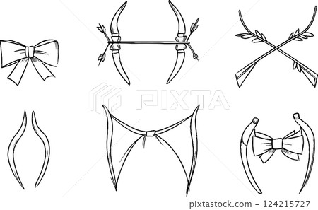 A collection of hand-drawn decorative elements featuring bows and arrows, including various styles of bows and horn-like shapes. Ideal for design projects. 124215727