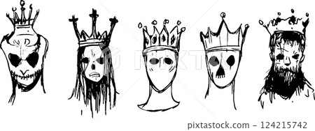 A collection of five stylized, eerie crown-wearing heads, each with unique features. The designs include skull-like faces, ghostly appearances, and various crown styles, creating a dark, artistic vibe 124215742