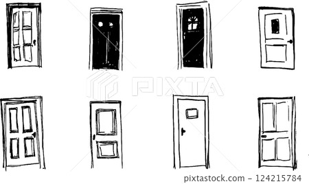 A collection of hand-drawn doors in various styles and designs. Each door features unique characteristics, such as different shapes, sizes, and decorative elements. The artwork is simplistic and A collection of hand-drawn doors in various styles and designs. Each door features unique characteristics, such as different shapes, sizes, and decorative elements. The artwork is simplistic and 124215784